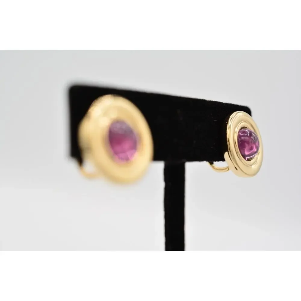 Vintage Cabochon Clip On Earrings Purple Round Gold Tone Jewelry Huggie 1980s 9L